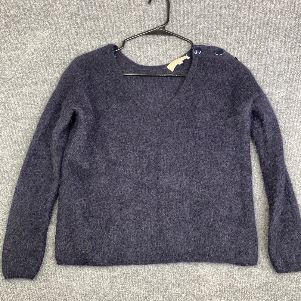 Sezane La Maille Navy Blue Mohair Alpaca V-Neck Button Shoulder Sweater XS